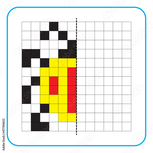 Picture reflection educational game for kids. Learn to complete symmetry worksheets for preschool activities. Coloring grid pages, visual perception and pixel art. Complete the yellow ladybug insect.