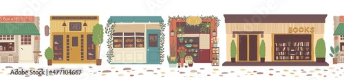 Seamless border of street with shop facades, flat vector illustration isolated.
