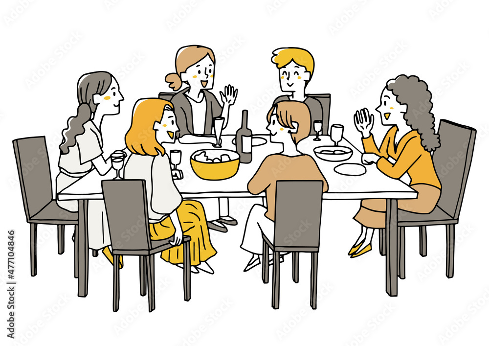 レストランで食事と会話を楽しむ女性たち 飲食店での女子会のシーン ゆるい線画の人物イラスト Vector De Stock Adobe Stock