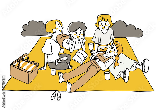 公園でピクニックを楽しむ女性たち　屋外での幸せな女子会のシーン　手描きの人物イラスト