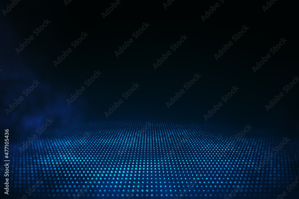 Creative dark digital background with glowing blue smoke and mock up place. Design and technology concept. 3D Rendering.