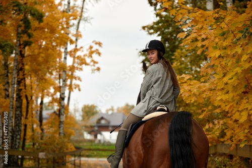 Beautiful brunette on a horse on the background of an autumn landscape. Horseback riding, active horseback riding
