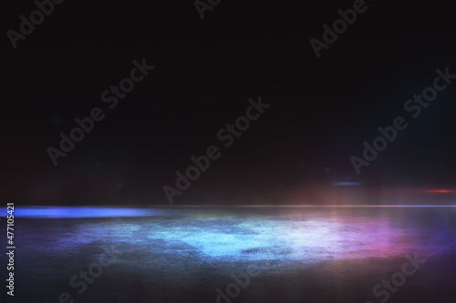 Abstract dark backdrop with concrete ground, light and mock up place. Design and texture concept.