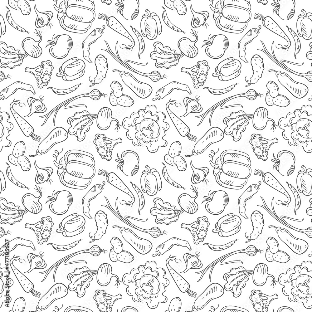 Seamless pattern on the theme of vegetables and healthy food, dark contour icons on a white background