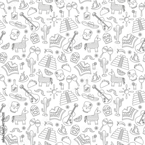 Seamless pattern on the theme of recreation in the country of Mexico, contour icons on white background