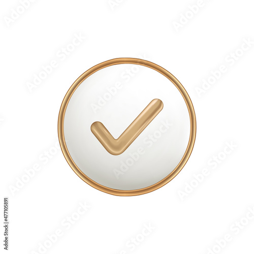 Golden check-mark in circle isolated on a white background. 3d render gold metallic sign.