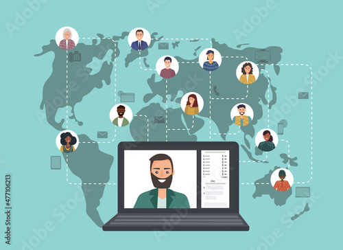 Colleagues from different countries work together online. Working and friendly communication. Connecting people in the app and messengers. Working together remotely. Vector flat illustration