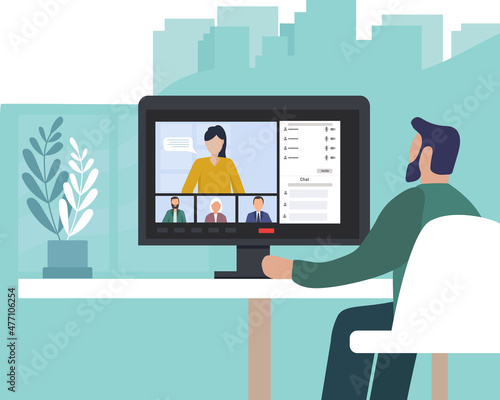 A videoconference of colleagues working together. Working and friendly remote communication over the Internet. Connecting people in an app and messenger. Flat vector illustration