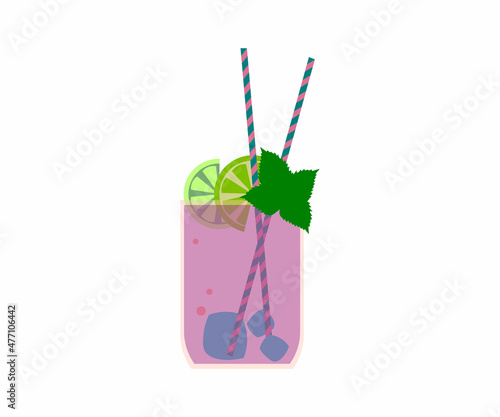 a glass with a cocktail with lime, mint and ice