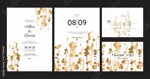 Elegant watercolor wedding invitation card with greenery leaves..