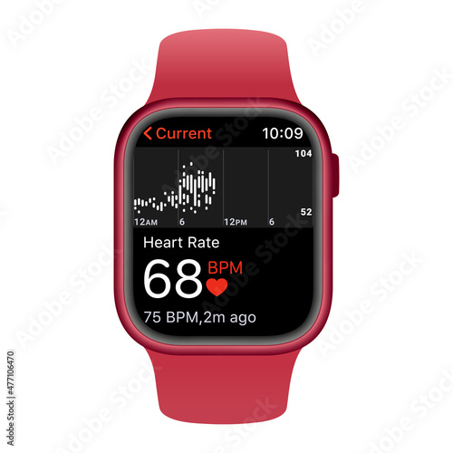 Heart rate control with smart watch. Wristwatch heart beat measurement. Vector Stock illustration.