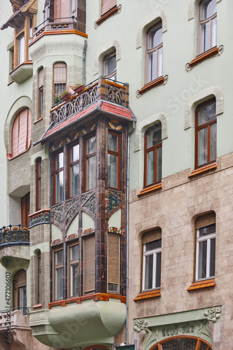 Secessionism style in Budapest. Bedo building. Hungarian architecture photo