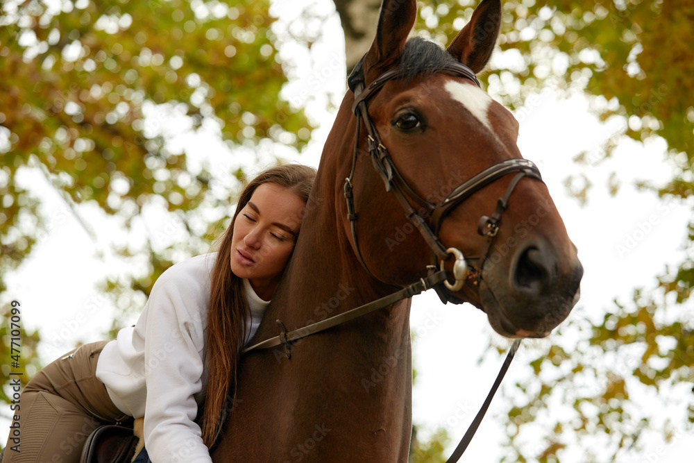 Fototapeta premium Beautiful brunette on a horse on the background of an autumn landscape. Horseback riding, active horseback riding