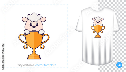 Cute sheep character. Prints on T-shirts, sweatshirts, cases for mobile phones, souvenirs. Isolated vector illustration on white background.