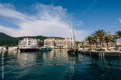 Yachts at the marina of the Regent Hotel in Porto. Montenegro
