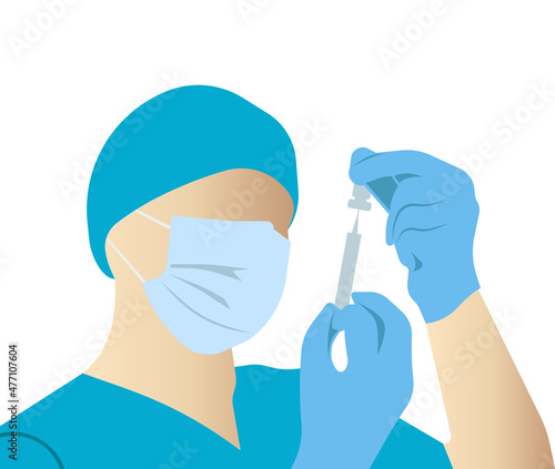A doctor in medical gloves and a mask fills a syringe.