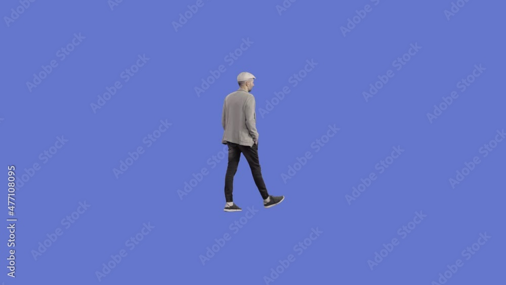 A man in a white cap is walking. Perspective view. Keyed shot on a chromakey background A man in a white cap is walking. Perspective view. Keyed shot on a chromakey background