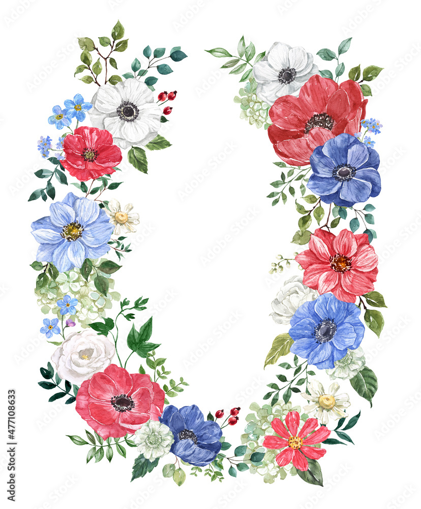 Watercolor oval floral wreath with red, white and blue flowers, greenery, foliage. Botanical frame, isolated on white background. Invitation template.