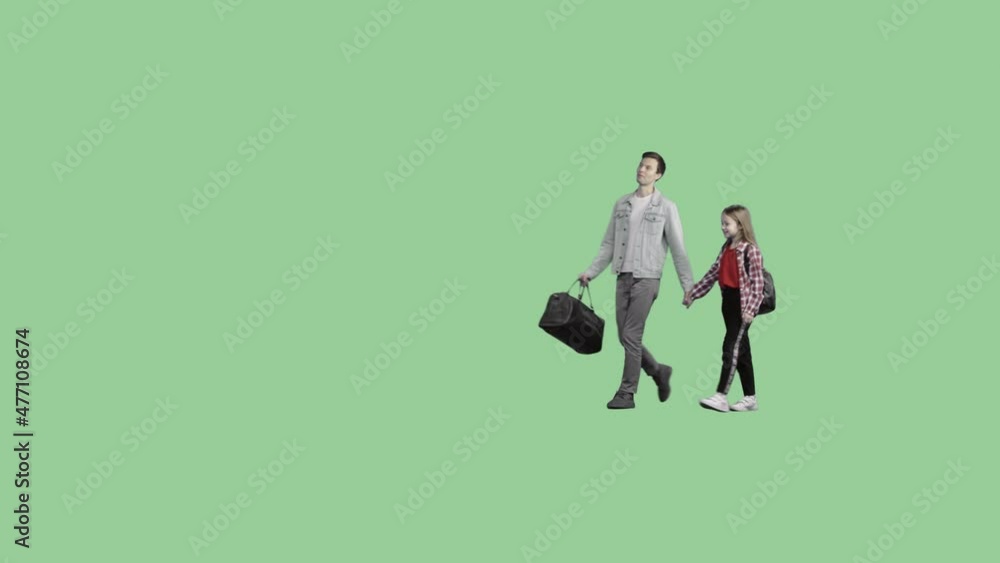 Dad with a bag in his hand goes with his daughter. Alpha channel background Dad with a bag in his hand goes with his daughter. Alpha channel background
