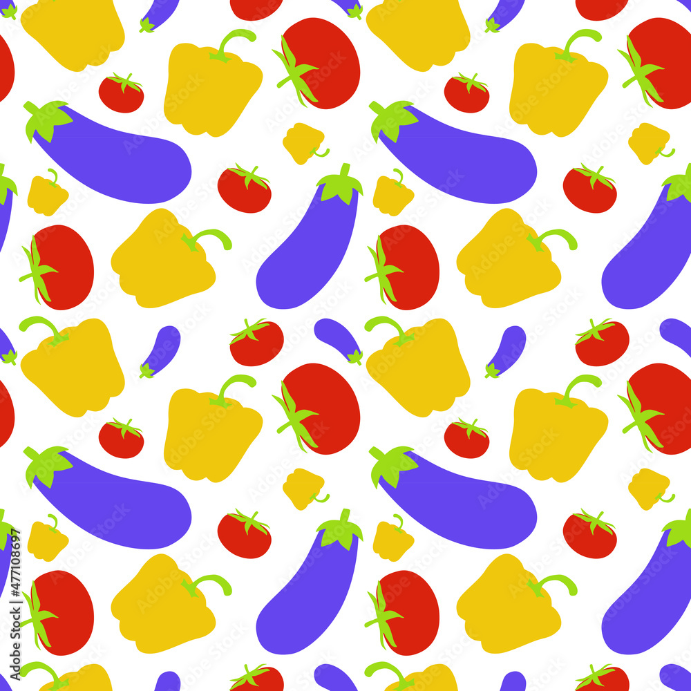 Pattern with vegetables: peppers, eggplant, tomatoes. Purple, red, yellow colors. Healthy food, vegetarianism. Vector illustration.