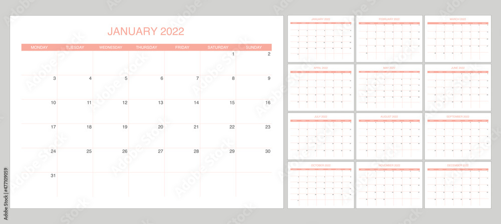 simple set calendar 2022 with pink color