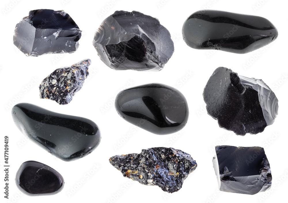 set of black obsidian stones cutout on white set of black obsidian stones cutout on white