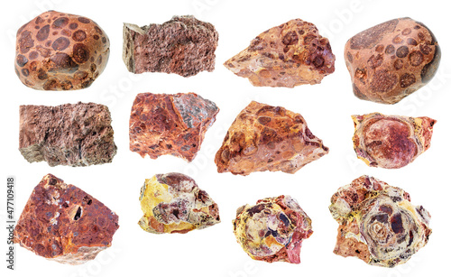 set of various bauxite stones cutout on white photo