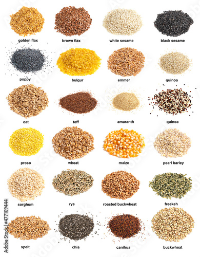 set of piles of variuos wholegrain grains cutout photo