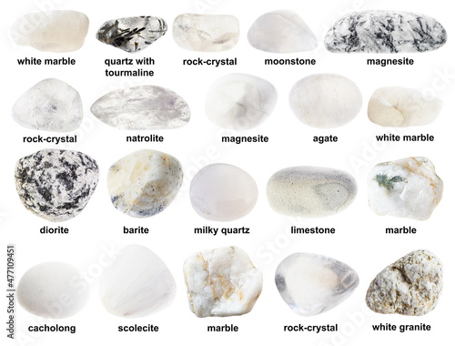 set of various polished white stones with names photo