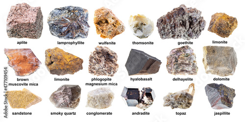 set of various brown raw minerals with names photo