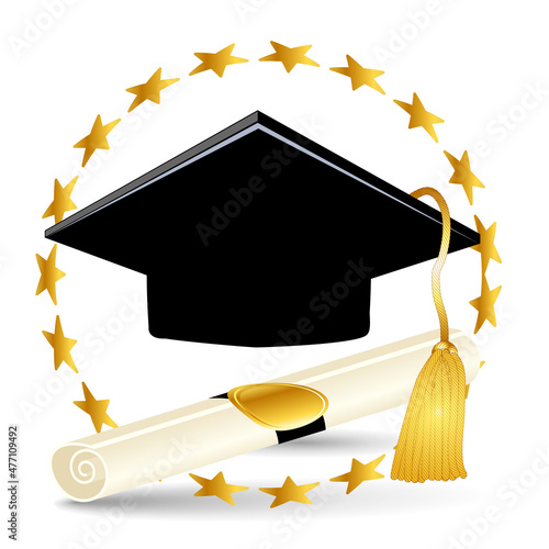 Graduation hat and paper degree certificate. Vector icon.