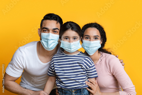 Portrait Of Happy Arab Family With Little Daughter Wearing Protective Medical Masks
