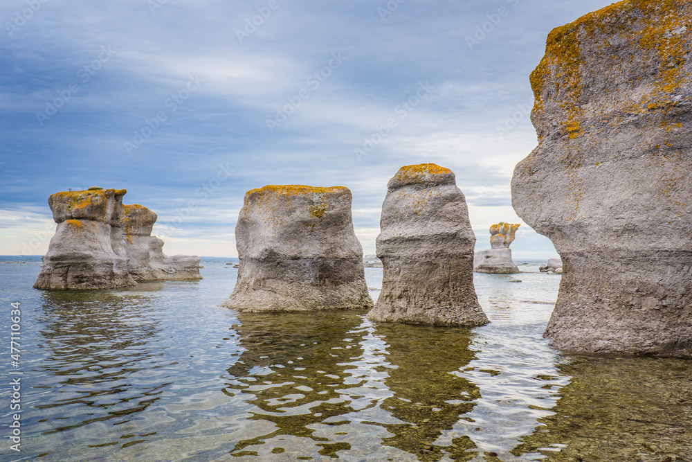 Fototapeta premium View on the famous monoliths of Quarry Island, in Mingan Archipelago National Park, in Cote Nord region of Quebec, Canada