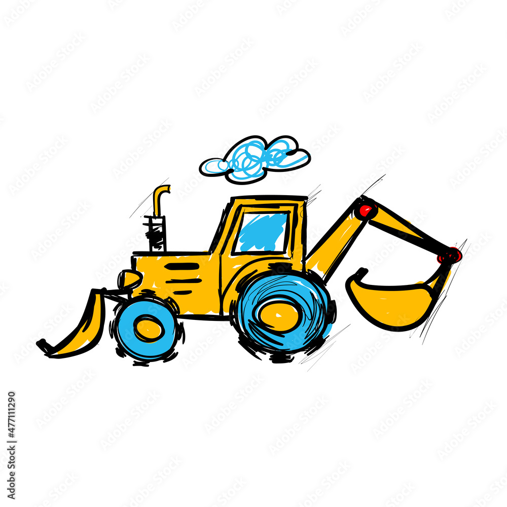 vector Excavator illustration and tractor hand drawn, doodle vector Excavator illustration and tractor hand drawn, doodle