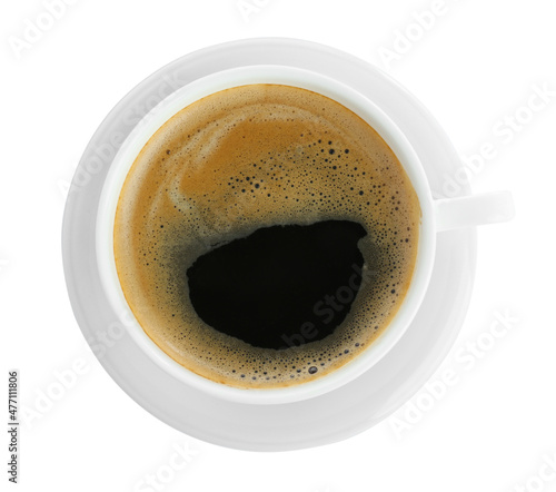 Cup of tasty coffee isolated on white, top view