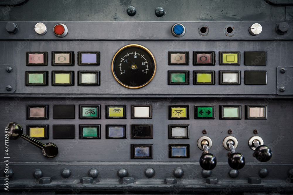 Panel of old vintage switches and buttons