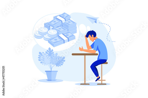 financial problems, economic crisis, business bankruptcy, presses office worker with a headache, unpaid loan debt vector flat modern design illustration