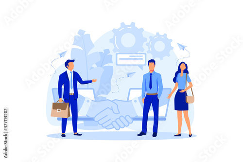 online conclusion of the transaction. the opening of a new startup. business handshake, via phone and laptop flat modern design illustration