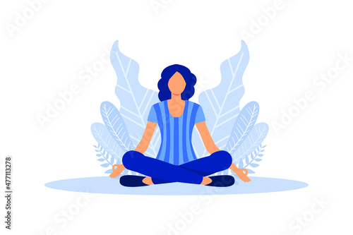the concept of meditation, the health benefits for the body, mind and emotions, the girl sits in the lotus position, the thought process, the inception and the search for ideas vector flat design