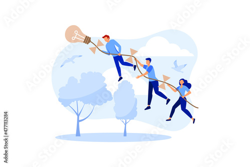 achievement concept, company of people holding a thread from a paper airplane light bulb, moving towards goals and ideas vector flat modern design illustration