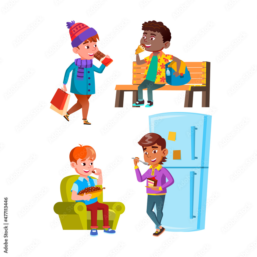 school teen boy eating sweets set. cartoon sweet. sugar food. candy lollipop. hungry toddler. delicious person smile. vector flat cartoon illustration school teen boy eating sweets set. cartoon sweet. sugar food. candy lollipop. hungry toddler. delicious person smile. vector flat cartoon illustration