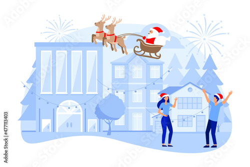 preparation for the new year in the city, festive decoration of the atmosphere and fireworks, the main tree vector flat modern design illustration