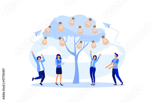 people grow potted plants, a metaphor for the birth of a creative idea. business concept analysis. graphic design idea of project activity flat design illustration 