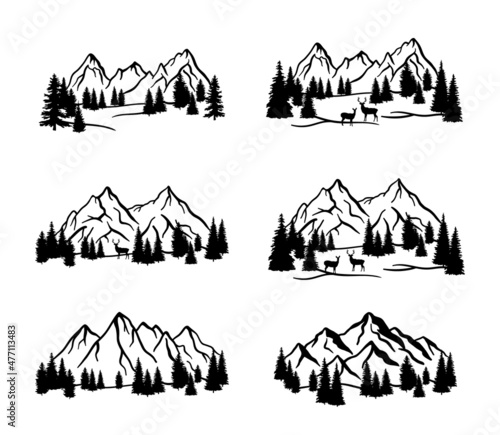 Mountain silhouette with pine tree and deer. Set of rocky mountains in forest. Nature scene vector illustration on white background. Collection of monochrome rocks