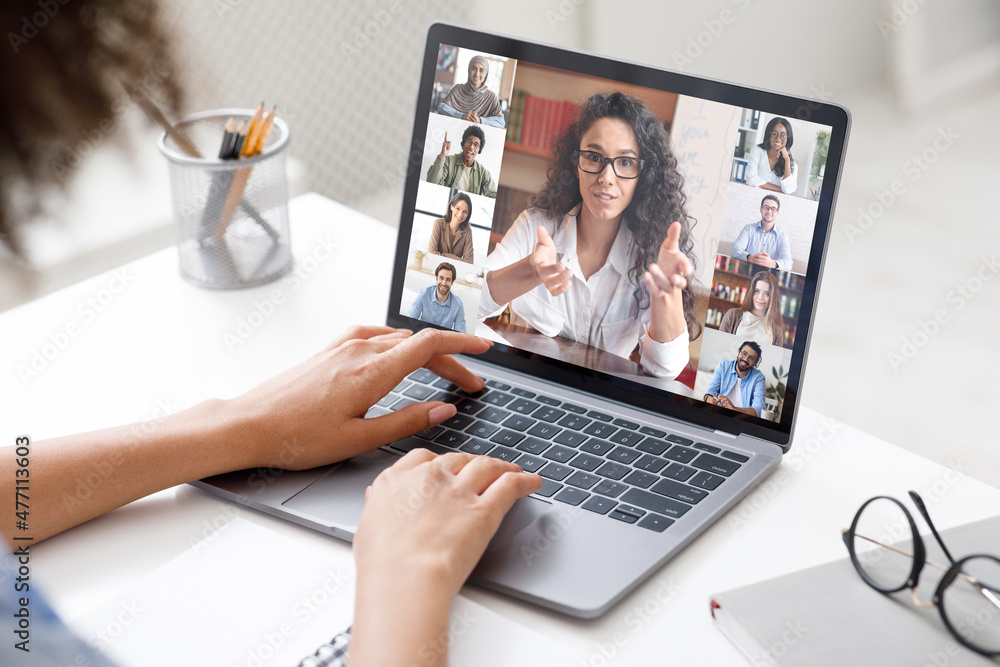 Unrecognizable Woman Talking With International Colleagues Via Online Call On Laptop, Collage Unrecognizable Woman Talking With International Colleagues Via Online Call On Laptop, Collage