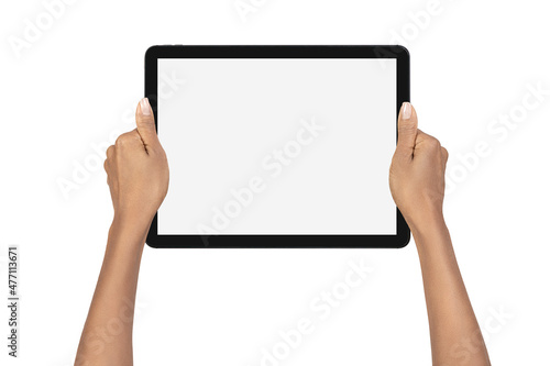 Woman hands holding an iPad on an isolated background