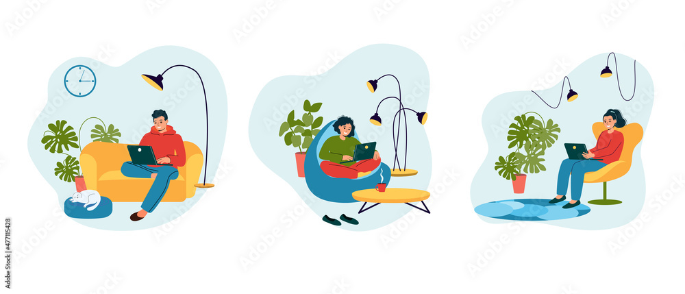 Work from home, coworking, concept illustration. Young men and women freelancers working on laptops and computers at home. People are at home in quarantine. Vector illustration in flat style