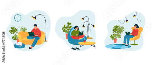 Work from home, coworking, concept illustration. Young men and women freelancers working on laptops and computers at home. People are at home in quarantine. Vector illustration in flat style