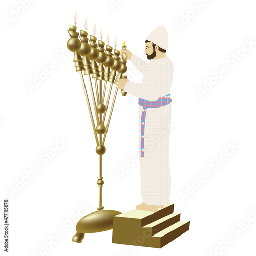 A painting of a Jewish priest dressed in ancient priestly garments. Light the candles in the golden lamp of the Holy Temple of King Solomon. In Jerusalem. Color vector. White background. Isolated