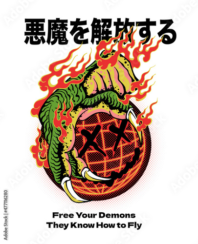 Valokuvatapetti dragon claw with fire illustration with globe and happy smile graphics japanese